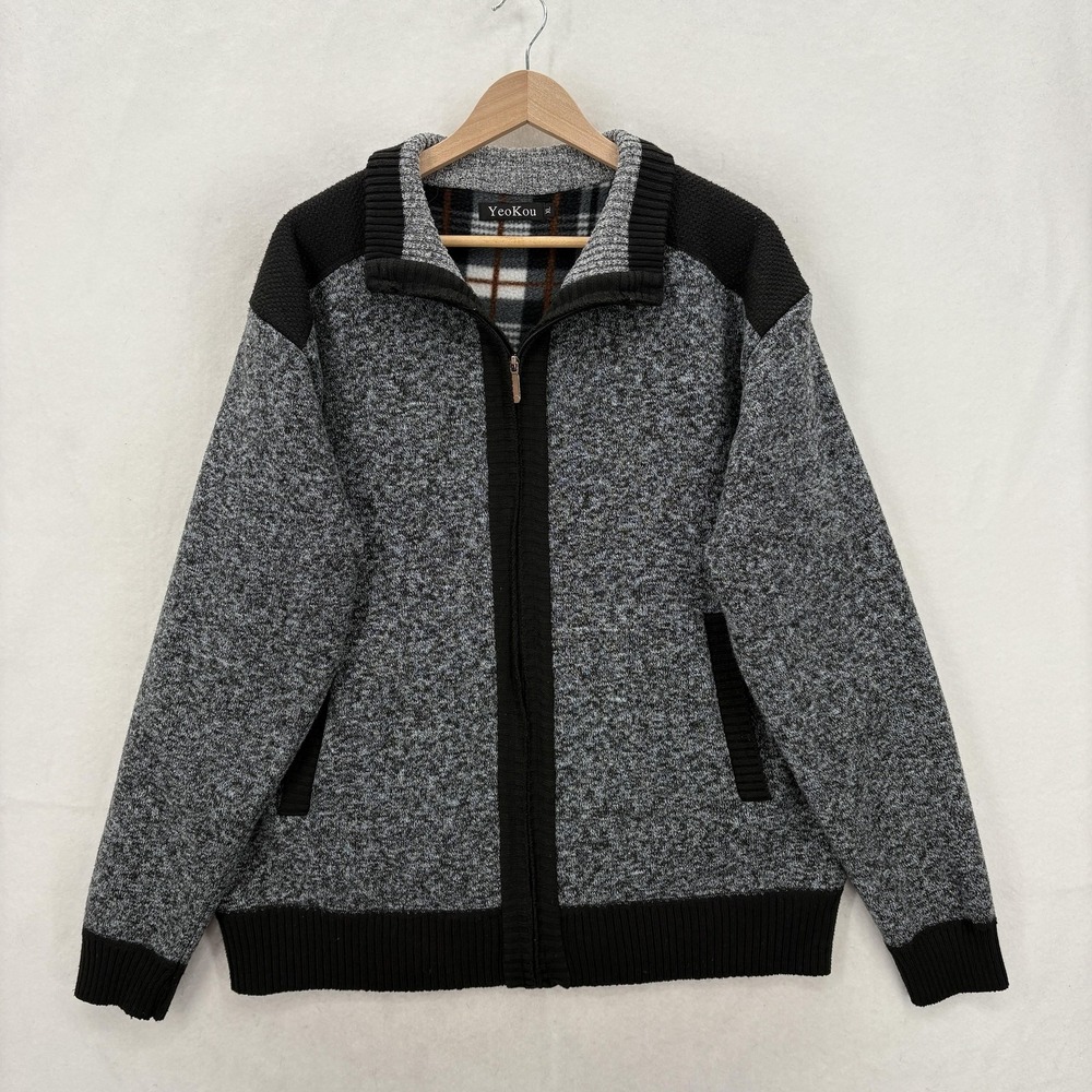 YeoKou Sweater Mens XL Gray Full Zip Cashmere Wool Blend Fleece Lined Knit Cozy